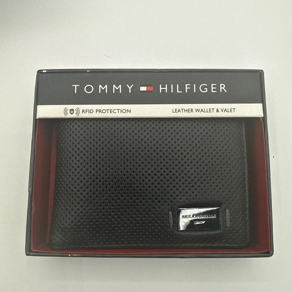 New Tommy Hifiger Men's Leather Wallet Black RFID Protection Slim 8 Card Slots